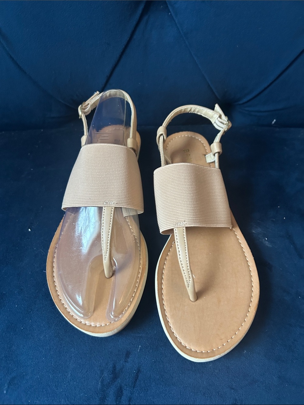 BAMBOO Beige/Tan Elastic Band Toe-Post Slingback Sandals